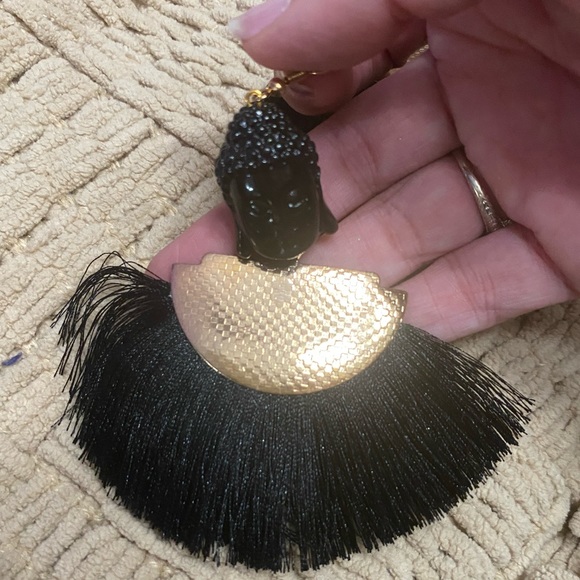 Buddha black noir fringe thread fan bohemian zen earrings meditation tranquility - Picture 2 of 4